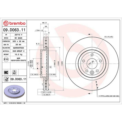 Brembo 2 x Internally Vented Front Brake Discs 09.D063.11