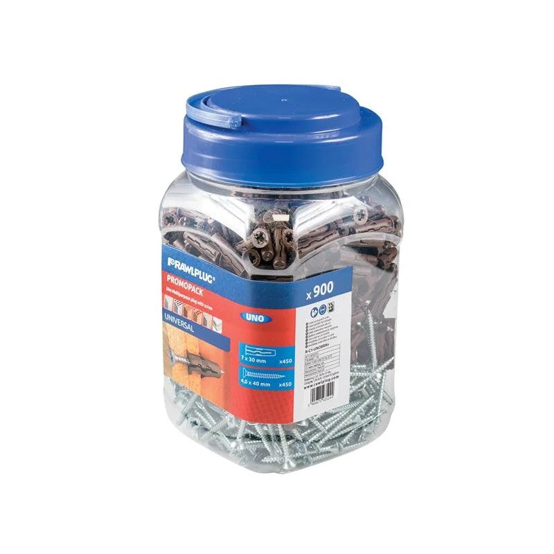 Rawlplug Brown UNO® Plugs & Screws in Jar (450 Plugs + 450 Screws)