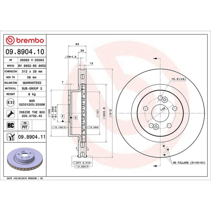 Brembo 2 x Internally Vented Front Brake Discs 09.8904.11