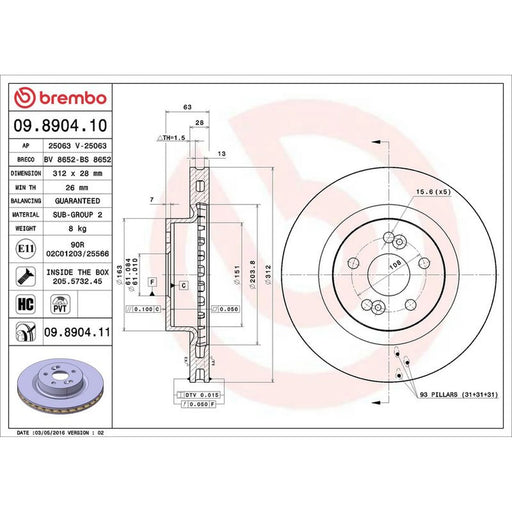 Brembo 2 x Internally Vented Front Brake Discs 09.8904.11