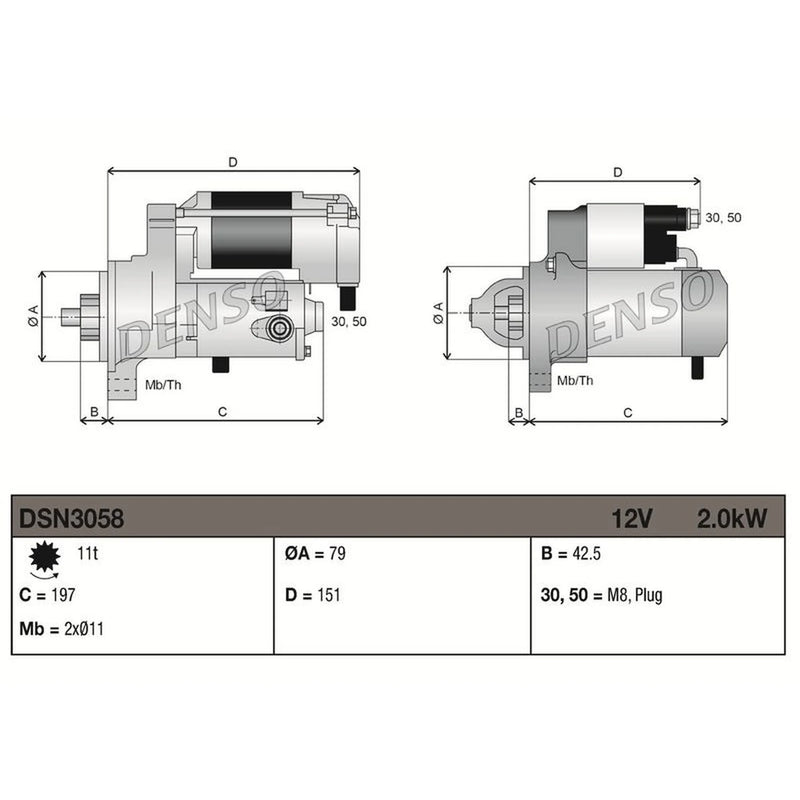 Denso Starter Motor 12V 2kW 11 Teeth DSN3058