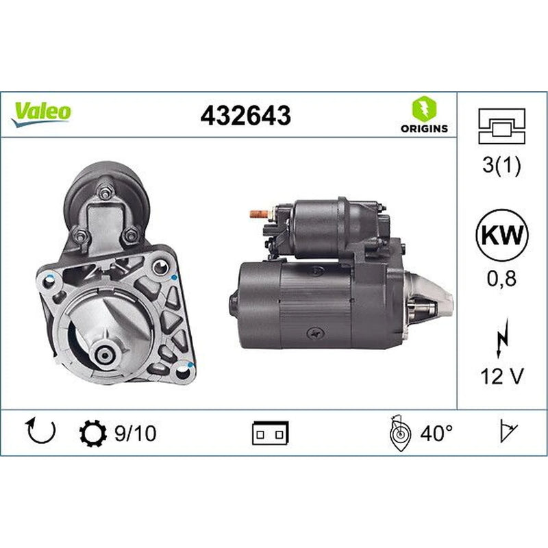 Valeo Starter Motor 12V 0.8kW Teeth 432643