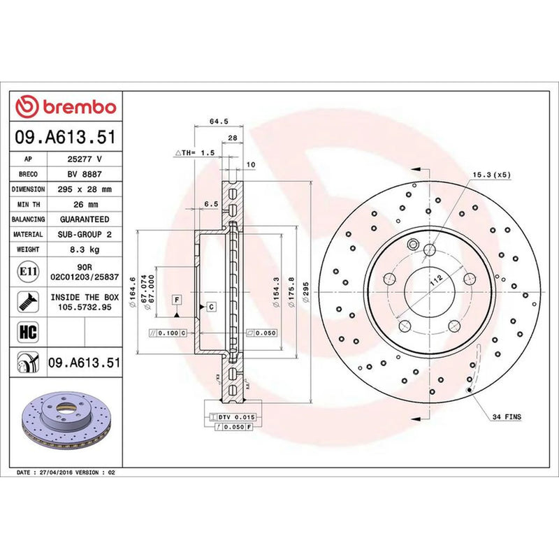 Brembo 2 x Perforated/Vented Front Brake Discs 09.A613.51