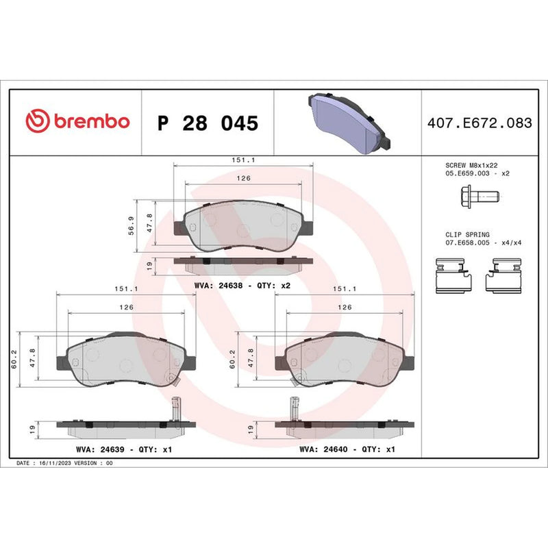 Brembo 4 x Front Brake Pad Set P28045