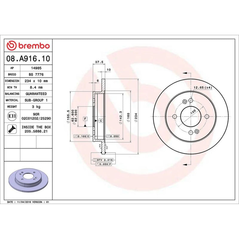 Brembo 2 x Solid Rear Brake Discs 08.A916.10