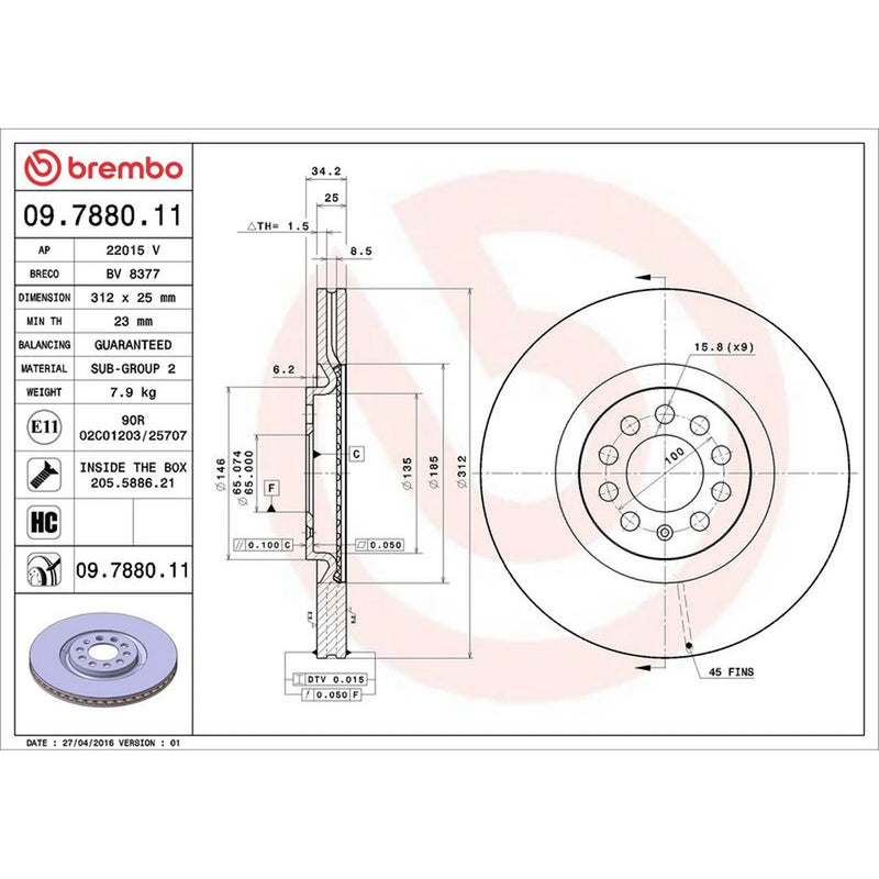 Brembo 2 x Internally Vented Front Brake Discs 09.7880.11
