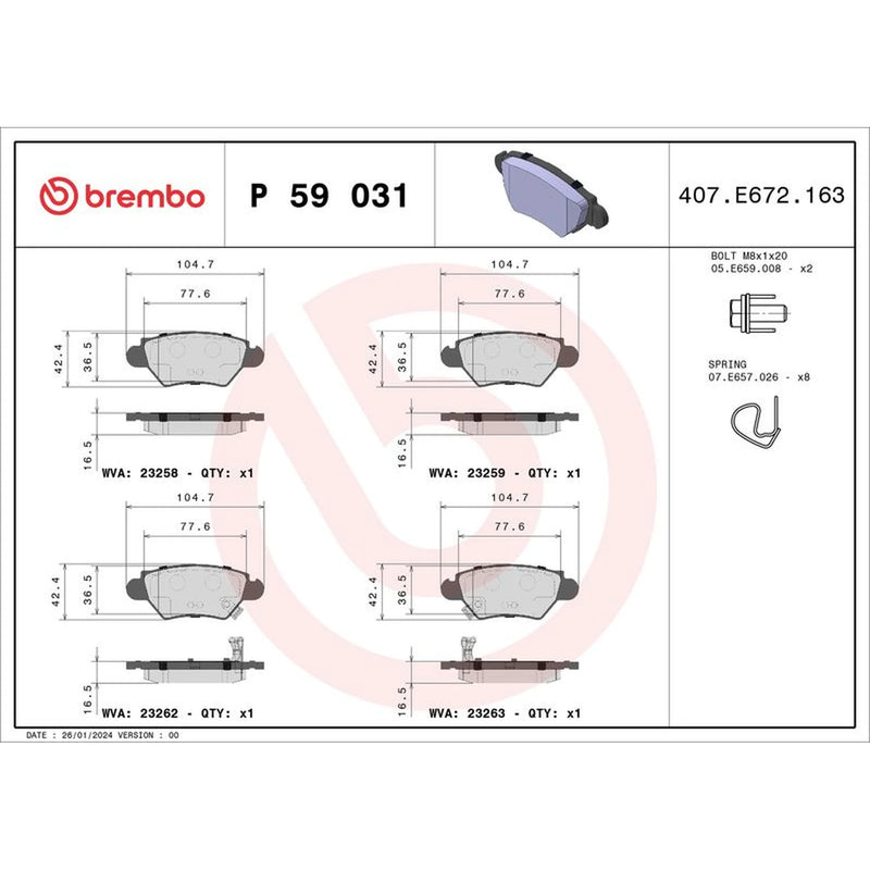 Brembo 4 x Rear Brake Pad Set P59031