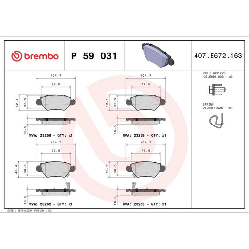 Brembo 4 x Rear Brake Pad Set P59031