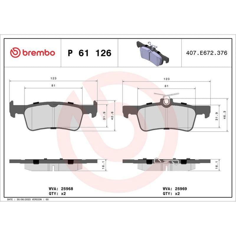Brembo 4 x Rear Brake Pad Set P61126