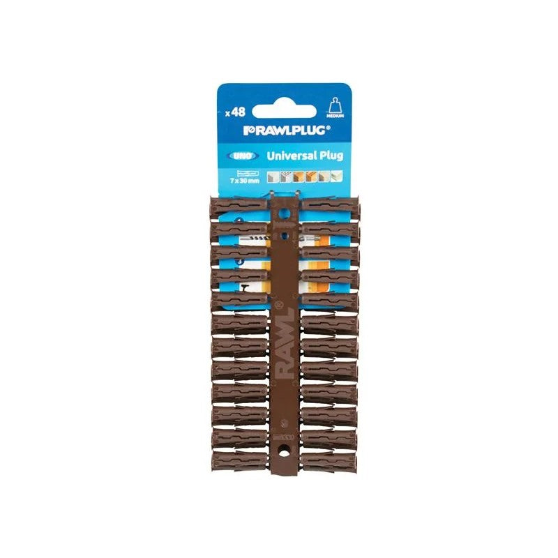 Rawlplug Brown UNO® Plugs 7 x 30mm (Card 48) - R-U1-BRN-48-C