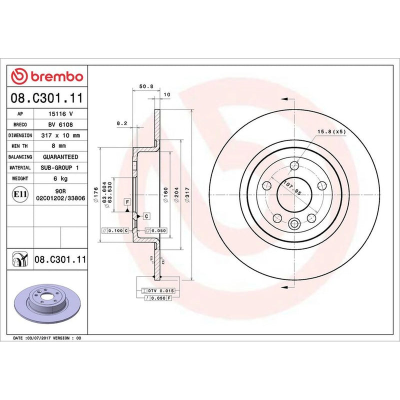 Brembo 2 x Rear Brake Discs 08.C301.11