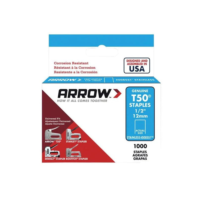 Arrow T50 Staples Stainless Steel 508SS 12mm (1/2in) (Box 1000) - A508SS1