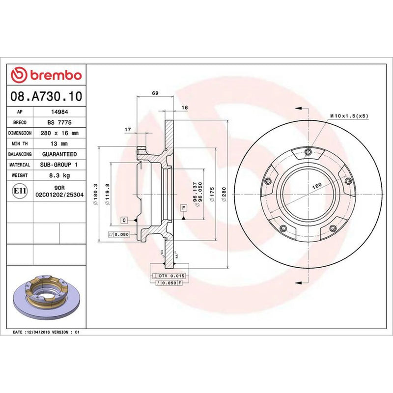 Brembo 2 x Solid Rear Brake Discs 08.A730.10