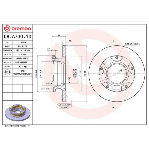 Brembo 2 x Solid Rear Brake Discs 08.A730.10