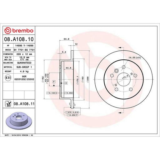 Brembo 2 x Solid Rear Brake Discs 08.A108.10