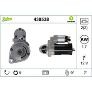 Valeo Starter Motor 12V 1.7kW 9 Teeth 438538