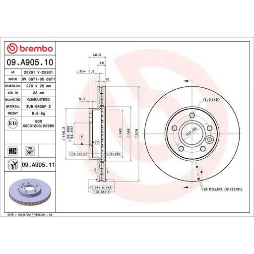 Brembo 2 x Front Brake Discs 09.A905.11