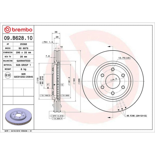 Brembo 2 x Internally Vented Front Brake Discs 09.B628.10