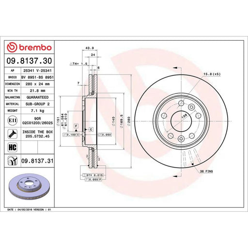 Brembo 2 x Internally Vented Front Brake Discs 09.8137.31
