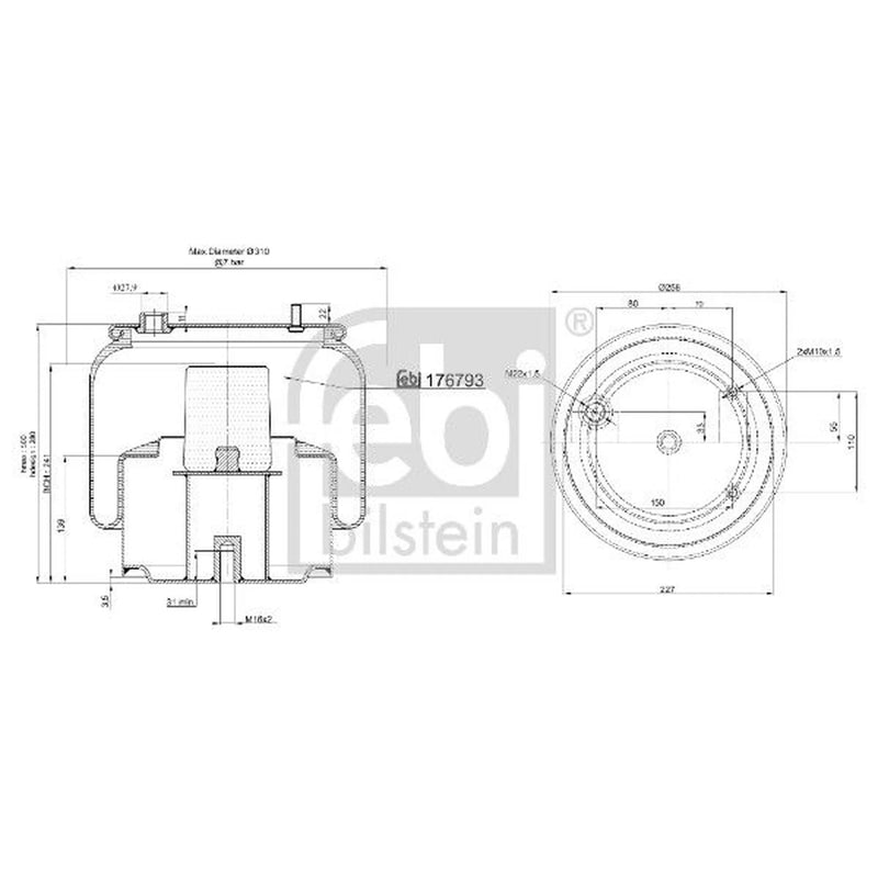 Febi Air Suspension Bellow 227mm non-steered trailing axle 176793