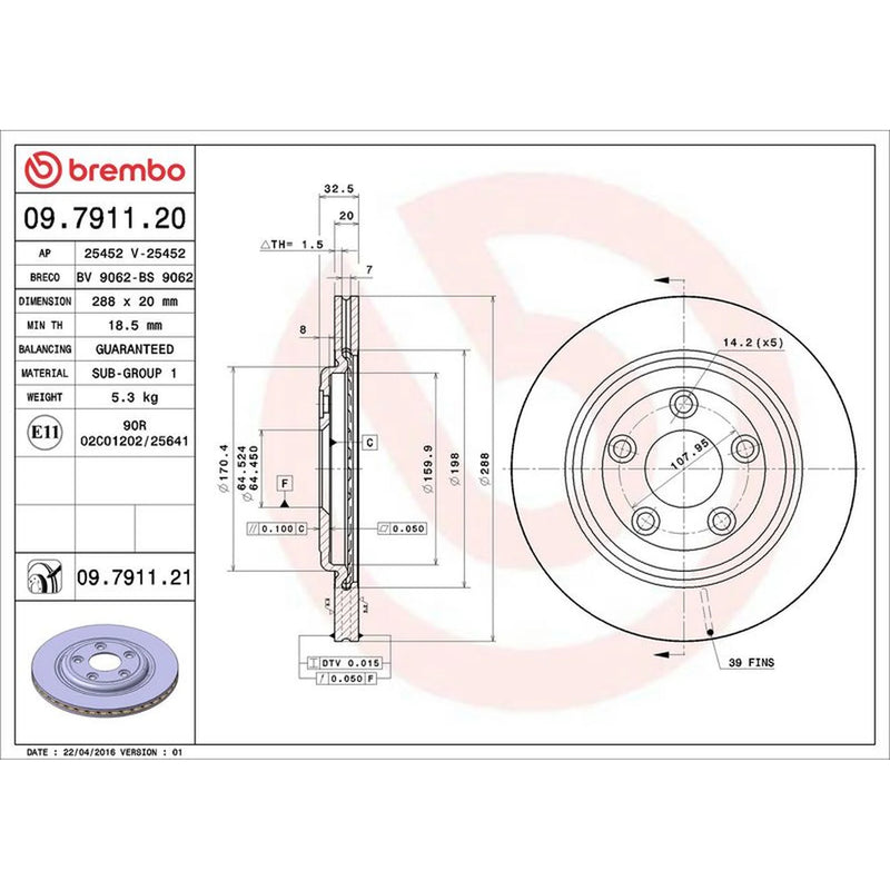 Brembo 2 x Internally Vented Rear Brake Discs 09.7911.21