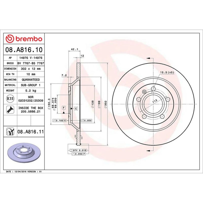 Brembo 2 x Solid Rear Brake Discs 08.A816.11