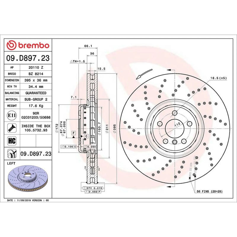 Brembo 2 x Aluminium Front Brake Disc Hub Brake Discs 09.D897.23