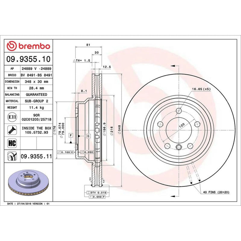 Brembo 2 x Internally Vented Front Brake Discs 09.9355.11