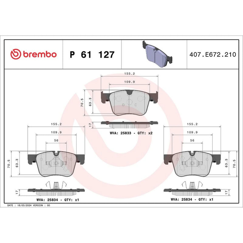 Brembo 4 x Front Brake Pad Set P61127