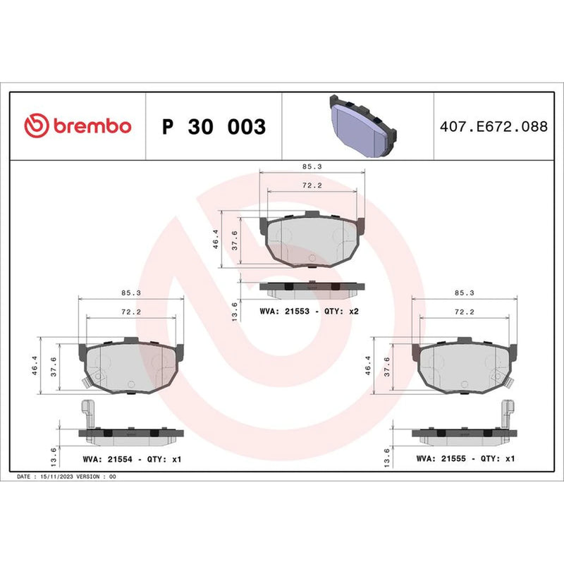Brembo 4 x Rear Brake Pad Set P30003