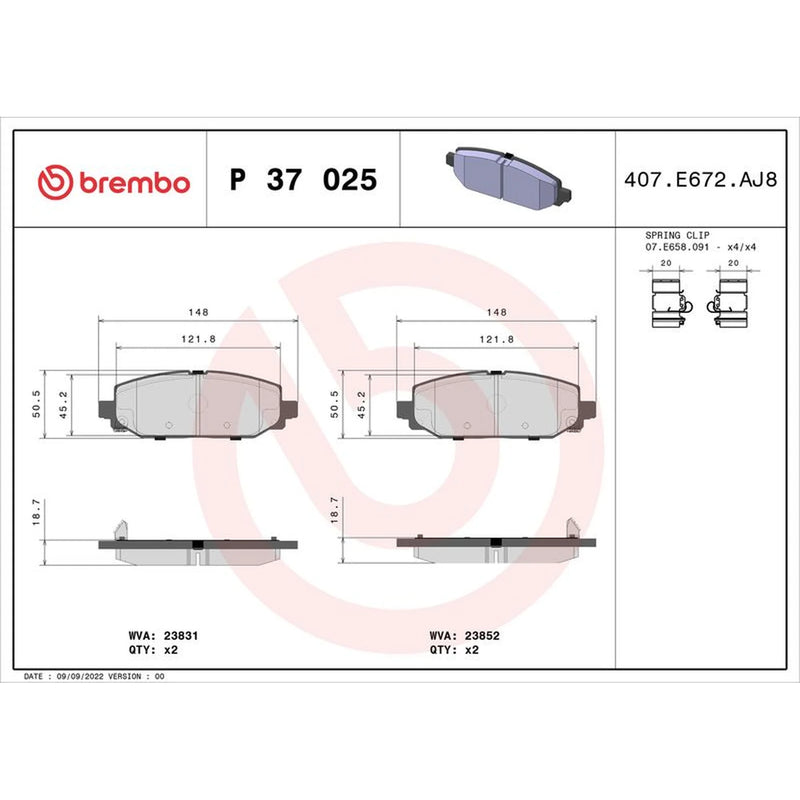 Brembo 4 x Rear Brake Pad Set P37025