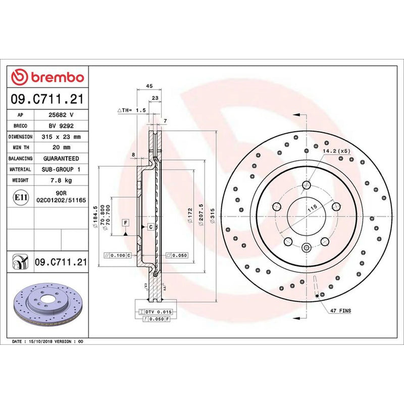 Brembo 2 x Perforated/Vented Rear Brake Discs 09.C711.21