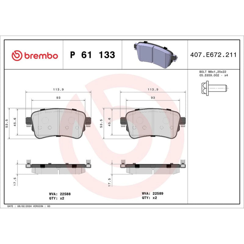 Brembo 4 x Rear Brake Pad Set P61133