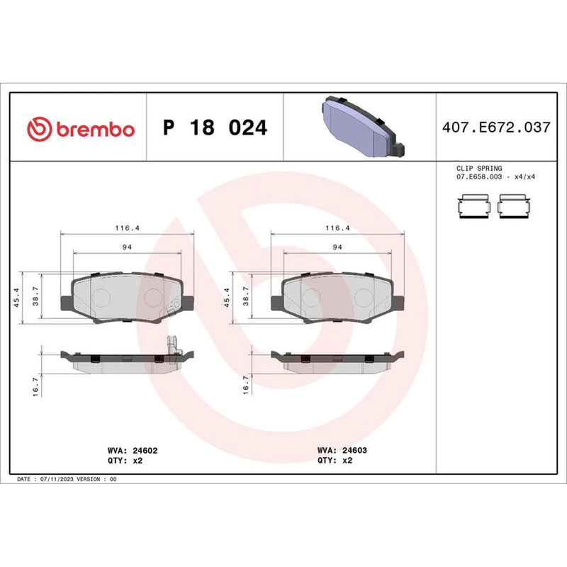 Brembo 4 x Rear Brake Pad Set P18024