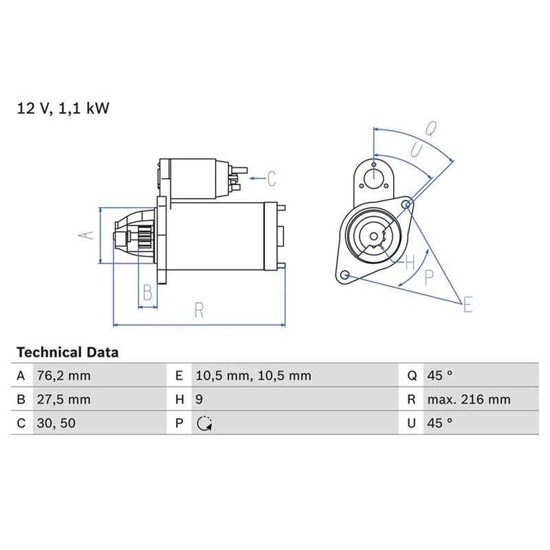 Bosch Starter Motor 12V 1.1kW 9 Teeth 0 986 018 110