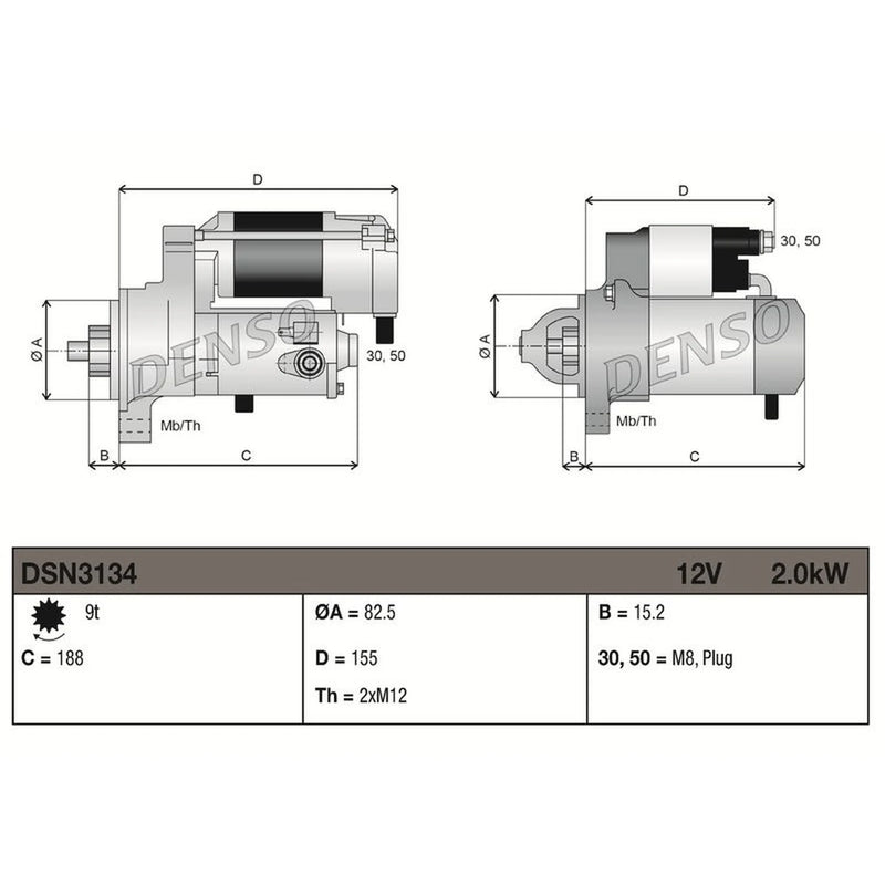 Denso Starter Motor 12V 2kW 9 Teeth DSN3134
