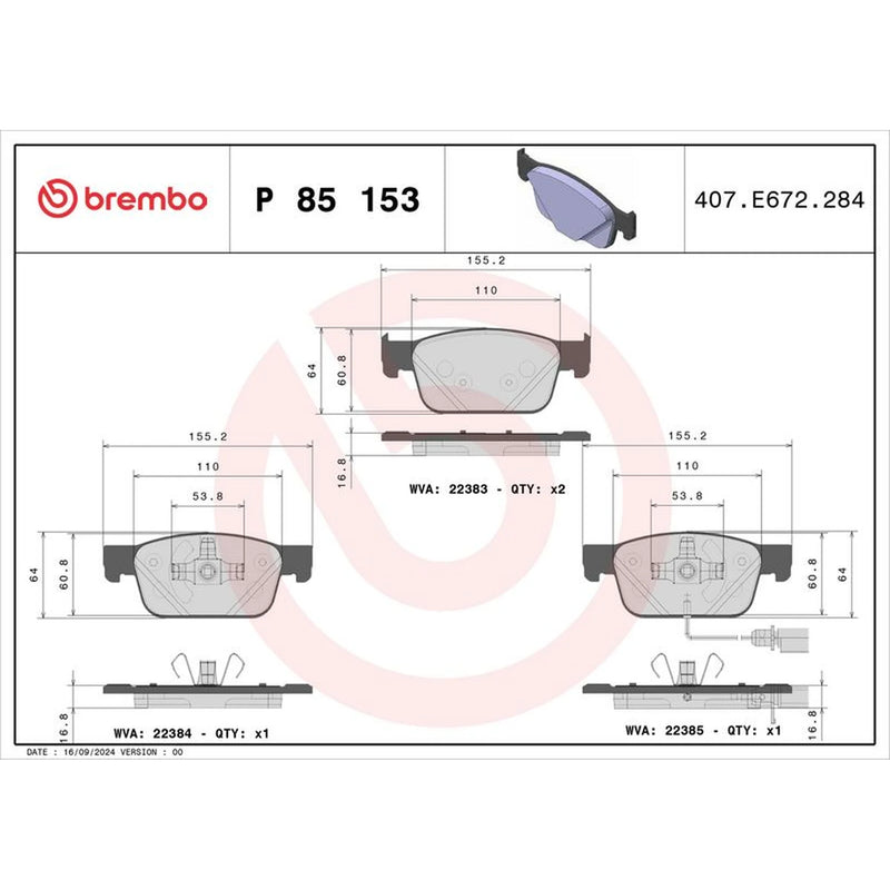 Brembo 4 x Front Brake Pad Set P85153