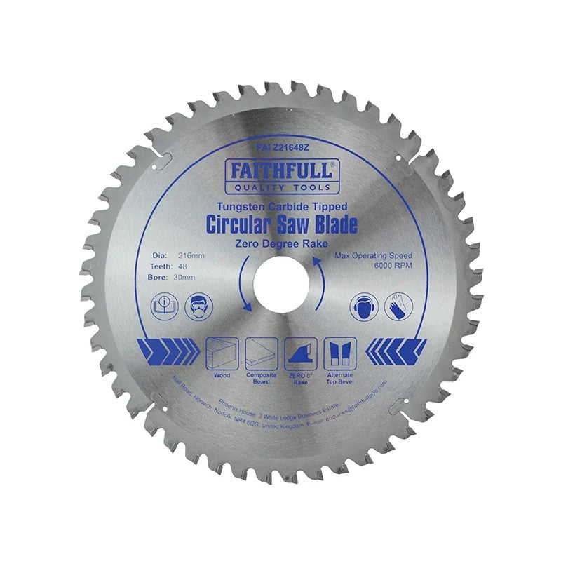 Faithfull TCT Circular Saw Blade Zero Degree 216 x 30mm x 48T - FAIZ21648Z