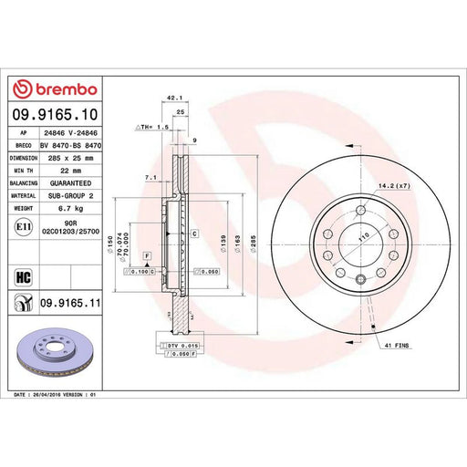 Brembo 2 x Internally Vented Front Brake Discs 09.9165.11