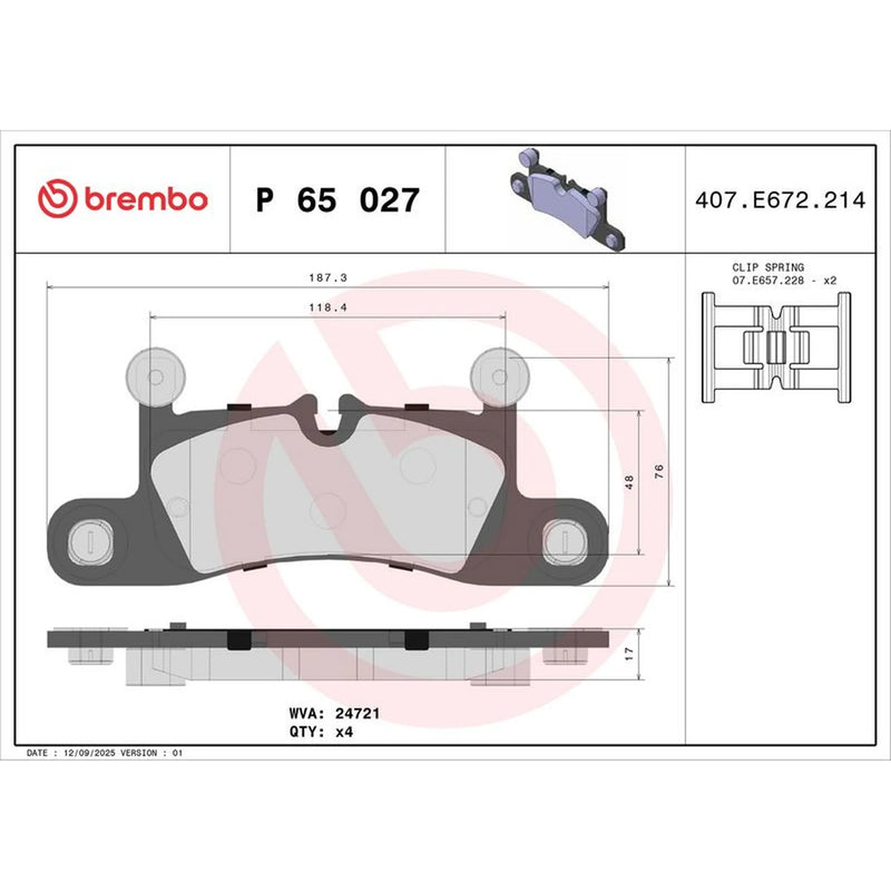Brembo 4 x Rear Brake Pad Set P65027