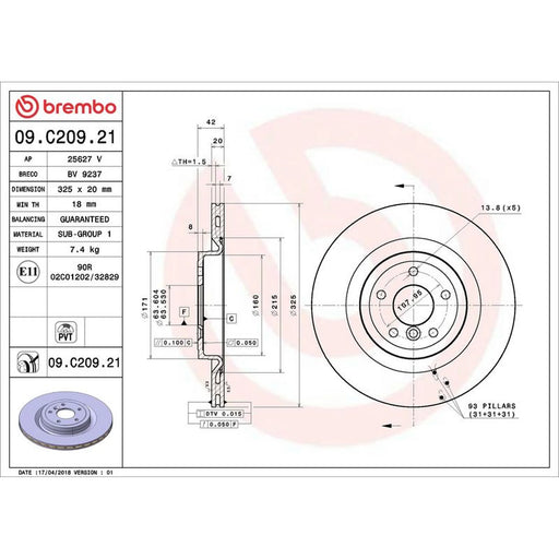 Brembo 2 x Internally Vented Rear Brake Discs 09.C209.21