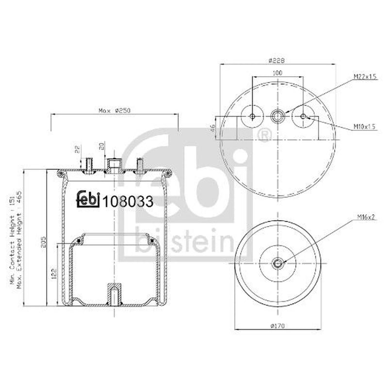 Febi Air Suspension Bellow 170mm non-steered trailing axle 108033