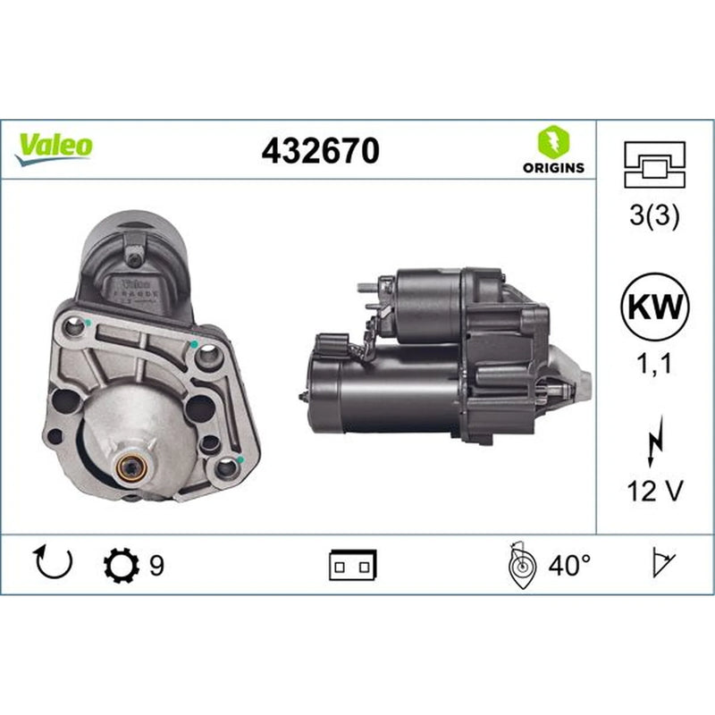 Valeo Starter Motor 12V 1.1kW 9 Teeth 432670