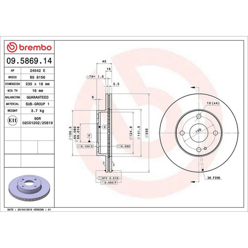 Brembo 2 x Internally Vented Front Brake Discs 09.5869.14