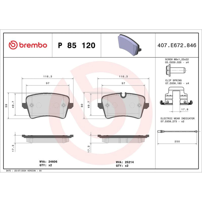 Brembo 4 x Rear Brake Pad Set P85120