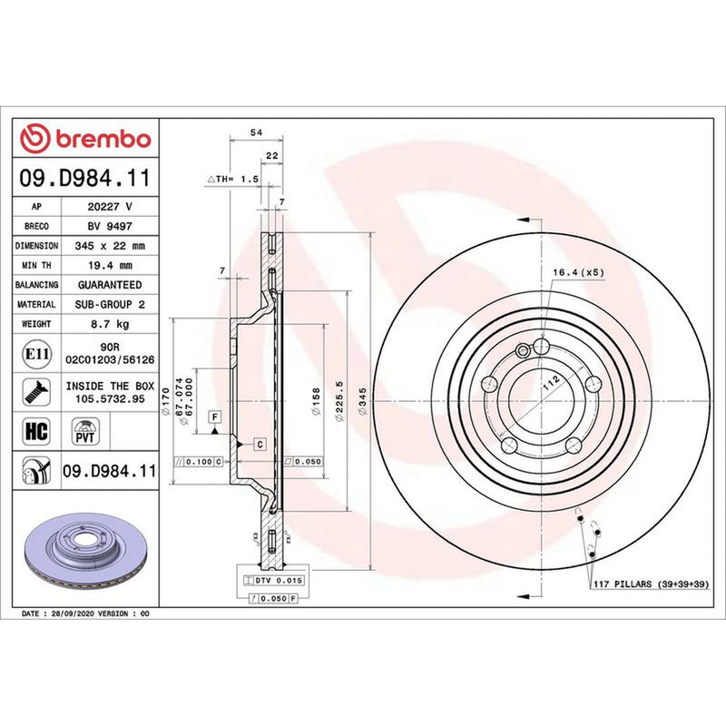 Brembo 2 x Internally Vented Rear Brake Discs 09.D984.11
