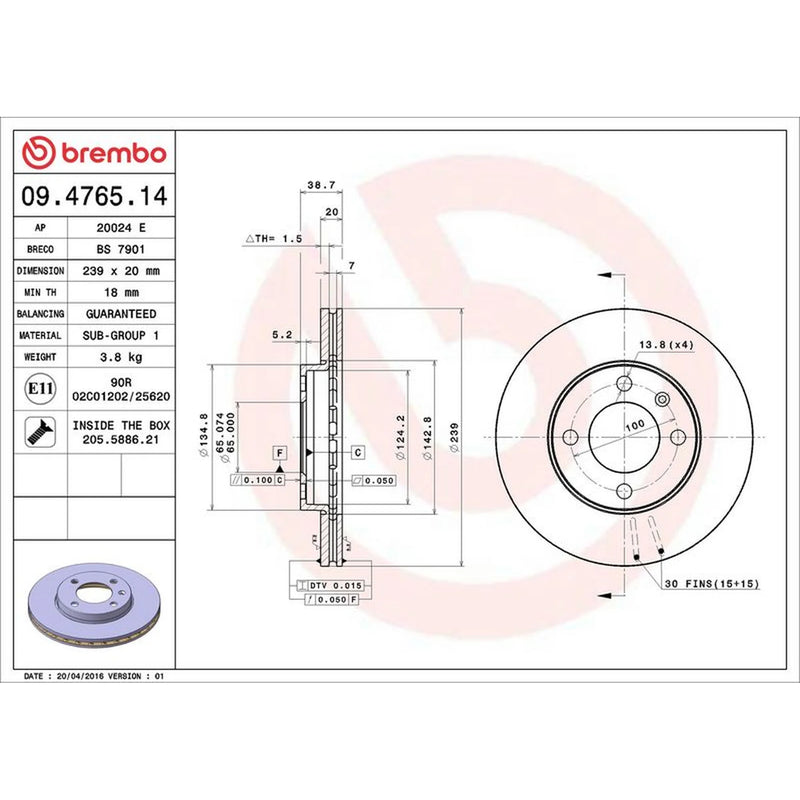 Brembo 2 x Internally Vented Front Brake Discs 09.4765.14