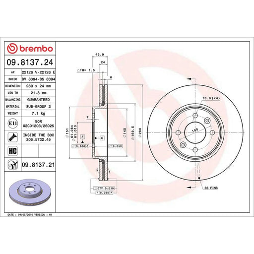 Brembo 2 x Internally Vented Front Brake Discs 09.8137.21