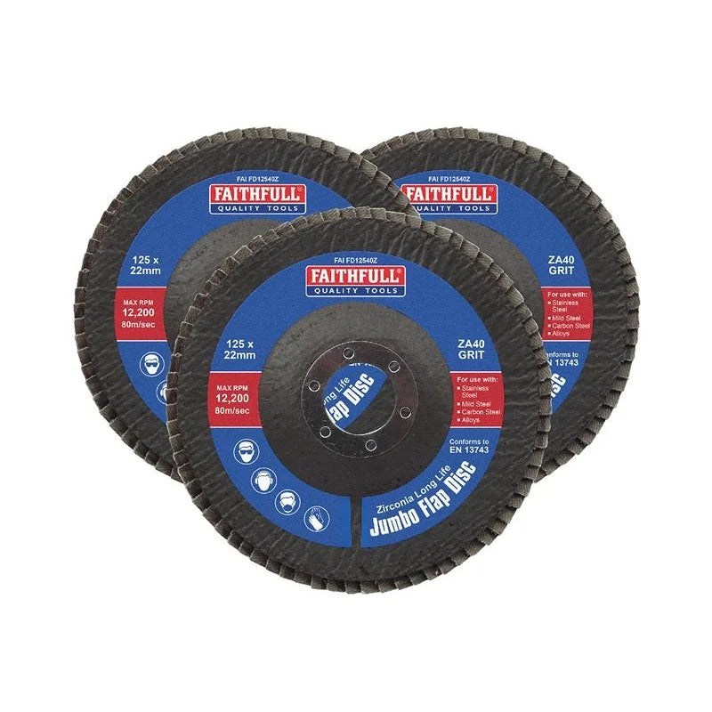 Faithfull Zirconia Abrasive Jumbo Flap Disc 125 x 22mm 40 Grit (3 Pack)