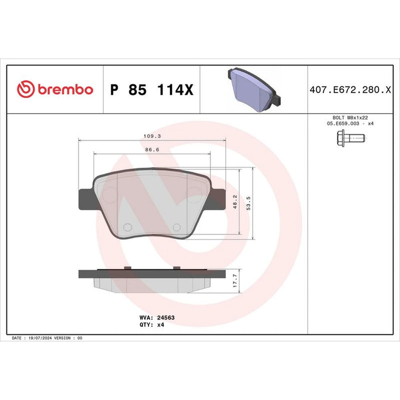 Brembo 4 x Rear Brake Pad Set P85114X
